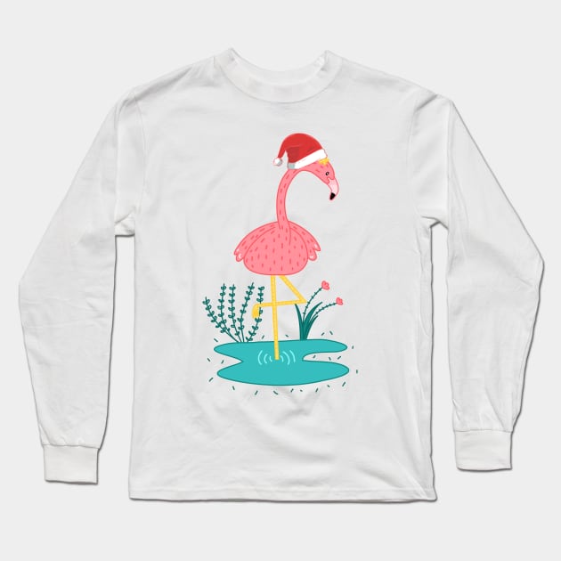 Cute Pink Flamingo Wear Santa Hat Long Sleeve T-Shirt by Skylane